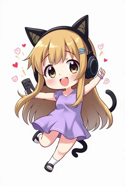 Chibi, Blonde girl,  with long black hair and black eyes ,  Those who are too happy and jump with joy and have cat headphones.,  playing a game on her head and holding a game of happiness. , , the drawing must be in drawing mode , Put on a light purple dre...