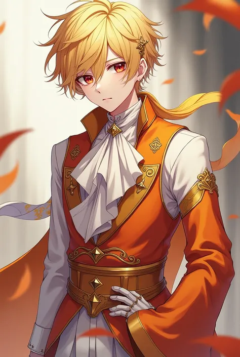 A quiet anime guy with sharp red eyes represents a mix of yellow and white hair , He has fair skin and wears all the fancy orange clothes that are beautiful and luxurious, such as the clothes of the nobles represented by Gilya, whose color is a mixture of ...