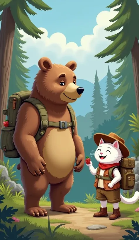 n anthropomorphic white cat backpacker (fat, wearing trail shoes and brown shorts, cowboy hat and backpack) outsmarts the bear by trading berries for safe passage.