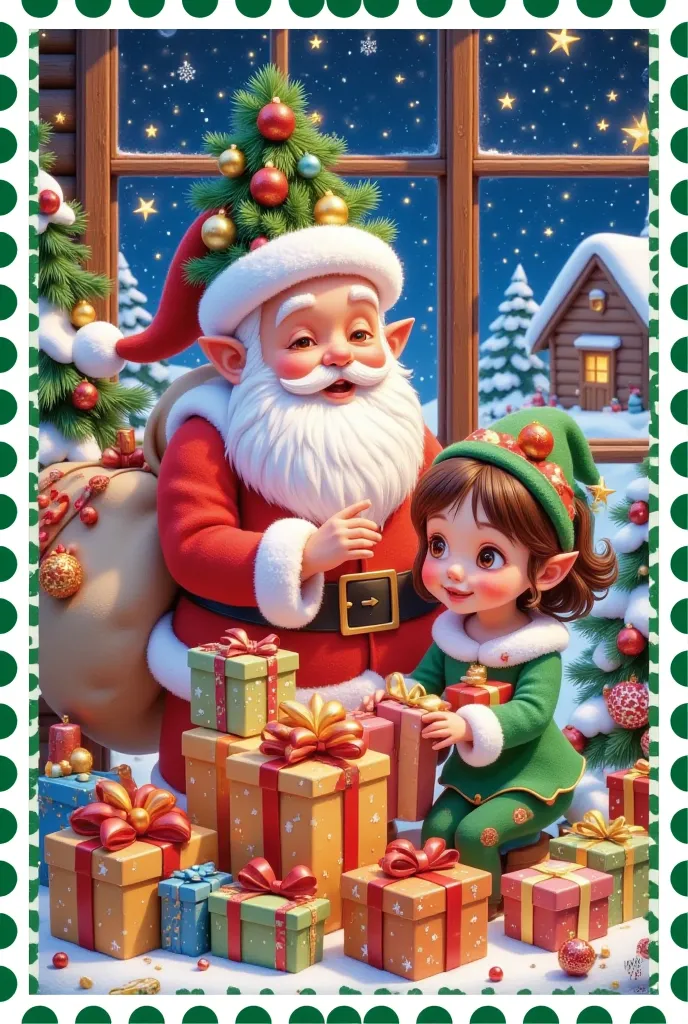 a beautiful christmas stamp，santa and the christmas elf are packing gifts