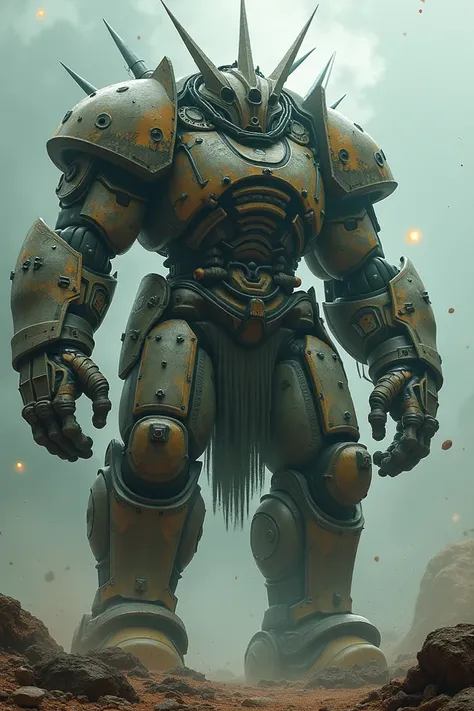 A large titan with a coat with acid barrels on his arms and floating acid barrels next to it and spikes on the back