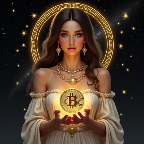  a beautiful Aries girl，pretty，图中有♈的符号，Ancient Greek style，The background is a black starry sky，There are Big Dippers， girl holds bitcoin in her hands