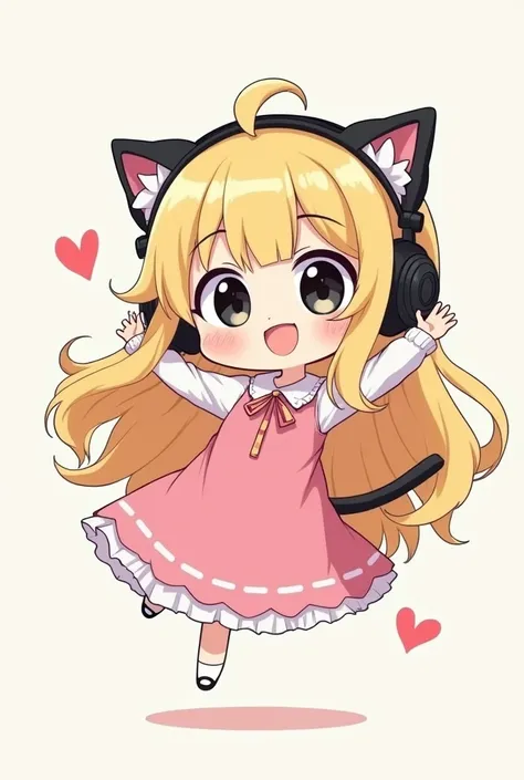 Chibi, Blonde girl,  with long black hair and black eyes ,  Those who are too happy and jump with joy and have cat headphones.,  playing a game on her head and holding a game of happiness. , , the drawing must be in drawing mode , Put on a sweet pink dress...