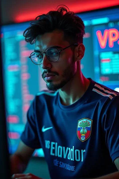 hacker wearing the El Salvador shirt with the name Emerson Sv with a logo in the background that says vps