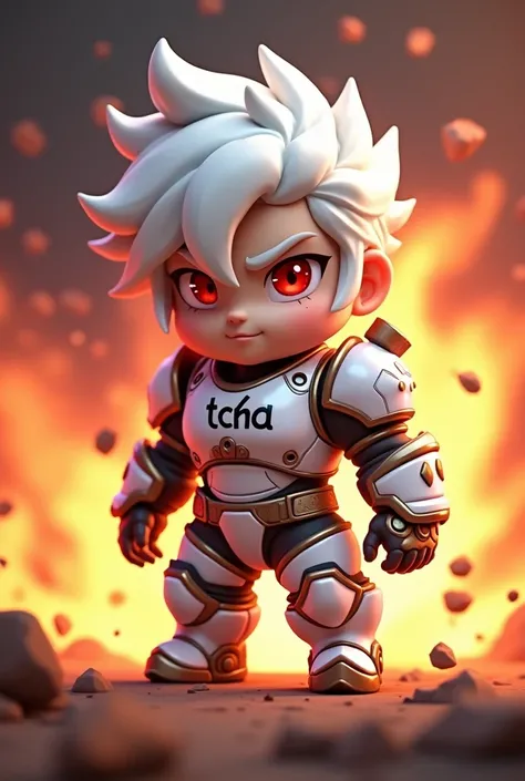 Small size gojo peke kacamata 3D game logo with baju putih armor , red eyes"white hair and hat "  cool with fire effect inscribed  "TCHA" on the chest 