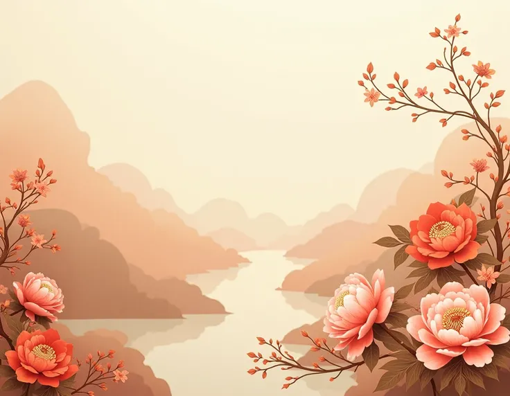  There is a peony decoration in the lower right corner of the picture。Hongkong，Luoyang，Hongkong， Ming Dynasty Chinese paper craft art ， in a soft realistic landscape style ，Tonal colors ， minimal surrealism ， orange and amber ，mural，Hand drawn details，Japa...