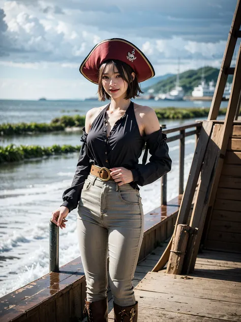  top quality, one beautiful woman, A full-body image of a fierce and daring woman with a rugged pixie cut, exuding raw energy and pirate charisma as she stands boldly on the weathered deck of a pirate ship. Her tricorn hat is slightly battered, tilted with...