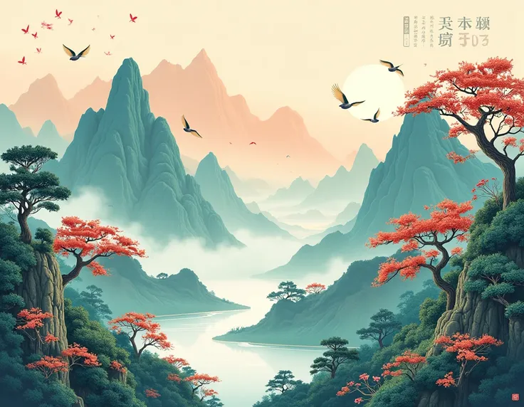 Modern Chinese posters in ceramics, with trees and mountains in the foreground, a Landscape painting with oriental style, Wang Ximengs picture of thousands of miles of rivers and mountains, birds and flowers, energetic illustrations, spring illustrations, ...