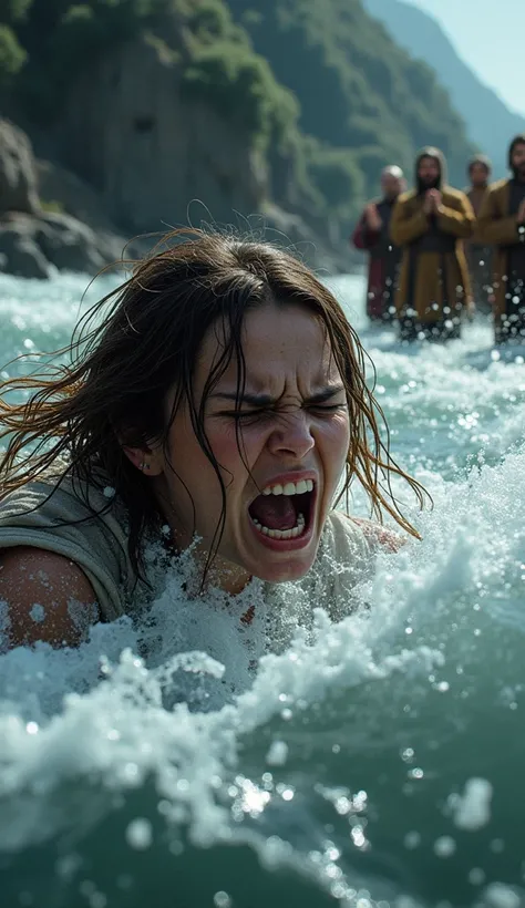 A close-up of the woman struggling against the strong river current, her face showing fear and desperation, while priests pray on the shore