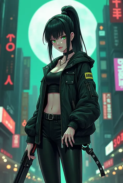 (masterpiece,  best quality, 8k,  sharp concentration,  depth of field, Best Shadow,  perfect lighting,  high definition ,  Realistic Skin Texture ,   super detailed background  ), Anime Style, {{Long Angle Shot}}, (( cyberpunk theme )), Alone, 1 female, S...