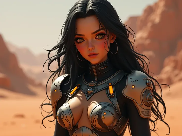  A 20-year-old woman whose hair is dark black and long and her skin is naturally red. She wears combat gear as if she is the princess of Mars. Make it more realistic