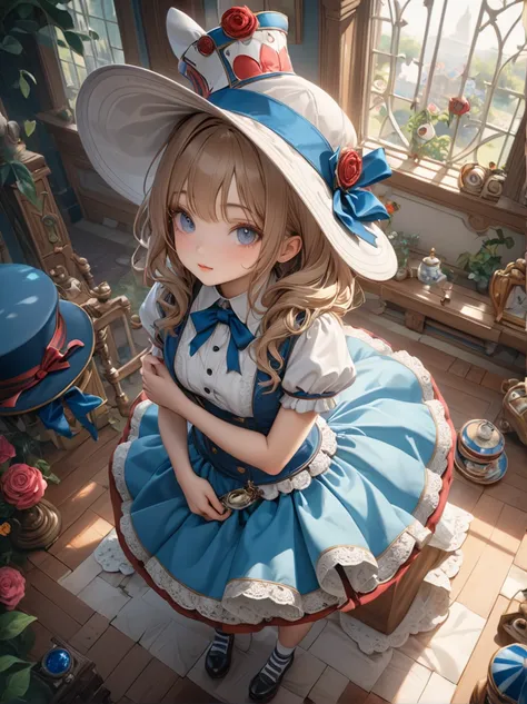 A shot where the hat properly shows everything、Full body shot 、1 girl, masterpiece, highest quality, 8k, fine skin texture, fine cloth texture, beautiful detailed face, intricate details, Super detailed, alice in wonderland,  Upper body