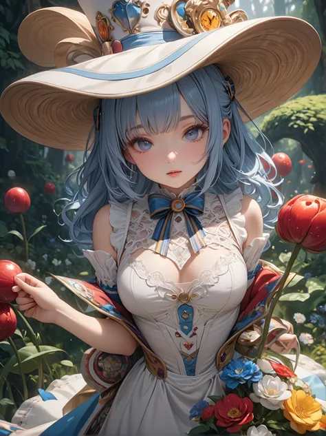 A shot where the hat properly shows everything、Full body shot 、1 girl, masterpiece, highest quality, 8k, fine skin texture, fine cloth texture, beautiful detailed face, intricate details, Super detailed, alice in wonderland,  Upper body