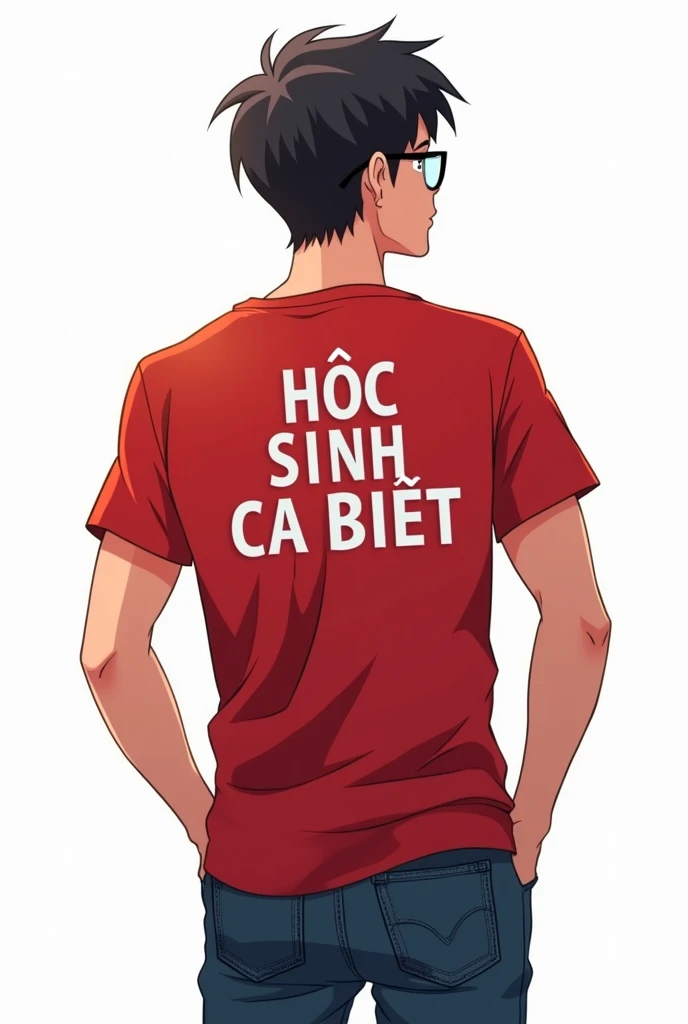 A backside of a man is wearing red with the words Hoc sinh ca biet in the middle of his t-shirt, jeans, glasses in an anime style. White background. Capitalize the First letter