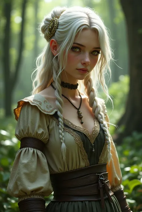 Beautiful girl of about 19 years old with white hair and yellow eyes dressed in poor medieval clothing, su ropa esta sucia , in the woods,arte digital realista 