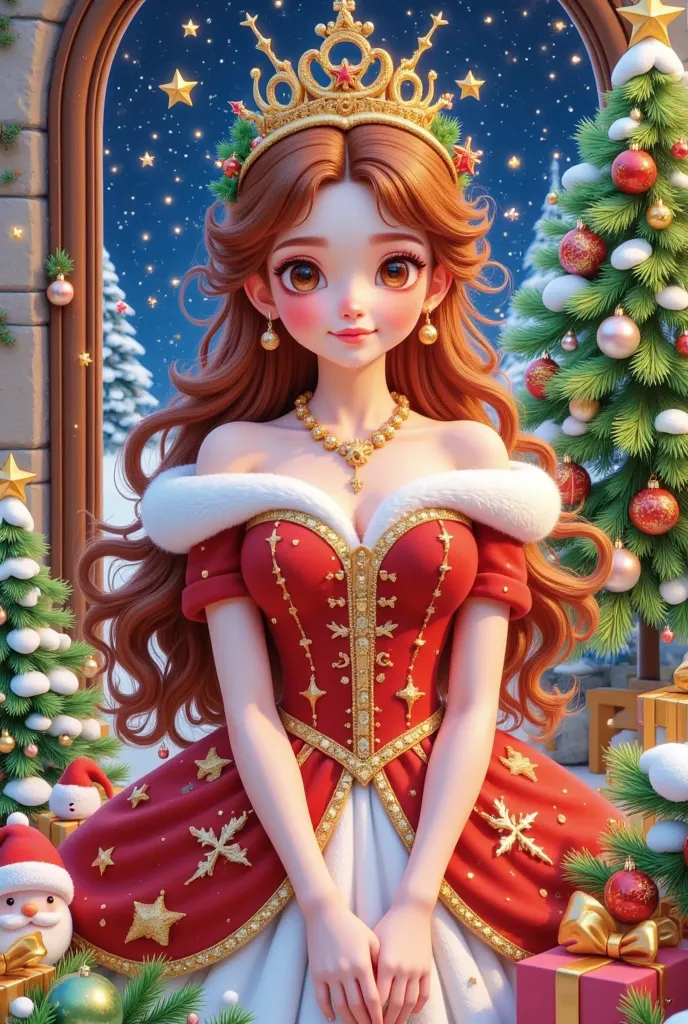 Christmas postcard，Beautiful Christmas tree princess portrait