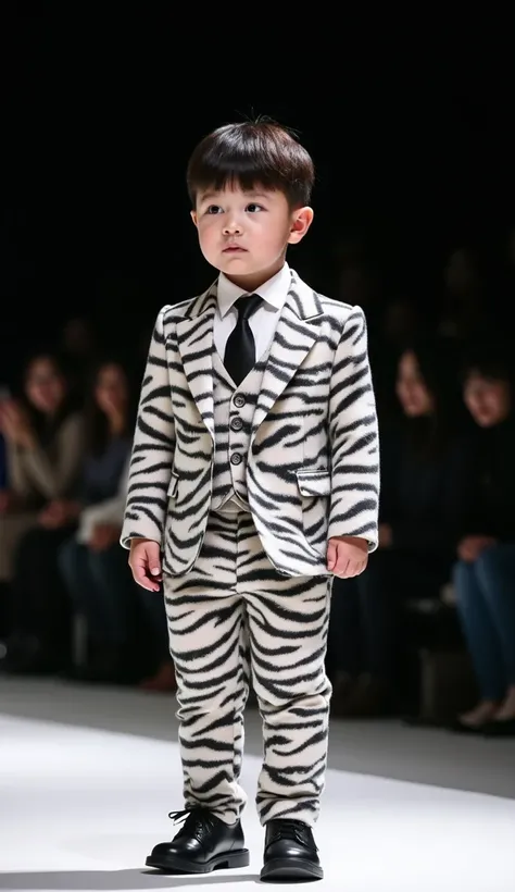 거대한 백호랑이가 3살 한국 아기 모델과 Fashion Show Venue을 걷는 모습,  A cute  Korean baby wears a suit with a white tiger pattern,  white shirt,  black tie , black shoes,  white tigers are very cool animals . 8k, High definition, Top quality, Professional lighting , Fashion ...