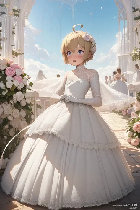 (anime:1.5),artstation,full body shot,juvenile{tall,lanky},1juvenile{Blonde,Short Hair, boyish,ahoge,wearing female clothing,Wedding Dresses,Wedding Veil,Frilled Skirt,Lace fabric,Long gloves,bouquet,Big ribbon,Lots of ribbons,Exposing the direction,Lift t...