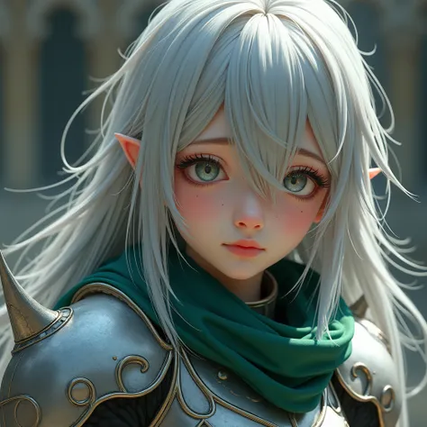 girl with long silver hair in razor armor with a green scarf. embarrassed face. pink cheeks .  sexy body . sweet girl.