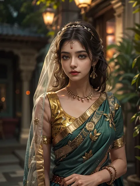 walking in a moonlit courtyard, exotic girl, indian, looking at the viewer, shining skin, perfect lighting, the embodiment of grace and elegance, (saree and bra), (Huge Big :0.5), cleavage, clear curvy details, beautiful curves, detailed eyes, detailed pup...