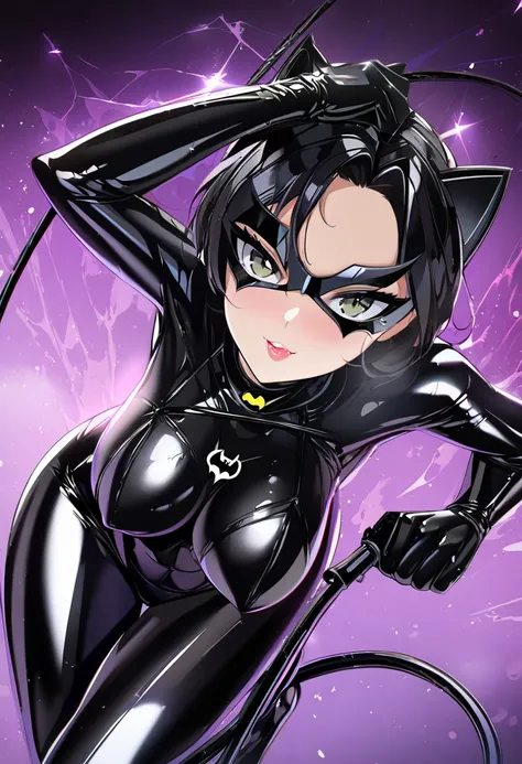 1 woman, catwoman, Batman characters, cool beauty, glossy tight fit rubber suit, whip, cat pose, masterpiece, best quality, very aesthetic, absurdres, very aesthetic