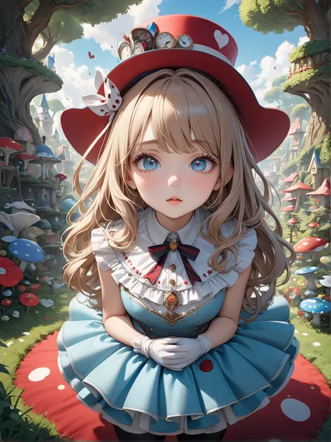 A shot where the hat properly shows everything、Full body shot 、1 girl, masterpiece, highest quality, 8k, fine skin texture, fine cloth texture, beautiful detailed face, intricate details, Super detailed, alice in wonderland,  Upper body