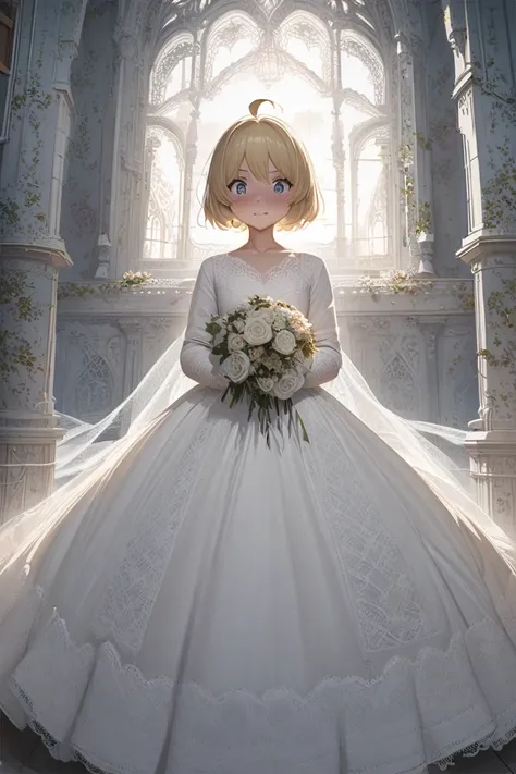 (anime:1.5),artstation,full body shot,juvenile{tall,lanky},1juvenile{Blonde,Short Hair, boyish,ahoge,wearing female clothing,Wedding Dresses,Wedding Veil,Frilled Skirt,Lace fabric,Long gloves,bouquet,Big ribbon,Lots of ribbons,Exposing the direction,Lift t...