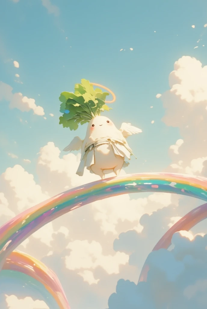 Fantasy art. A chibi daikon in angel costume with angel wings is walking across a beautiful rainbow bridge, a rainbow bridge that spans from cloud to cloud