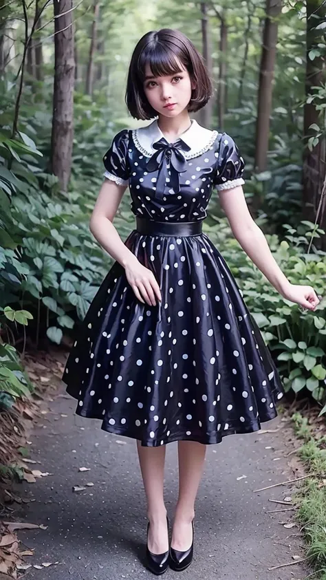 Cute young beautiful fitted girl , perfect anatomy, beautiful face, red lips, black 50s high waisted polka dot fluffy silk dress with short puffy sleeves, women vintage silk polka dot dress fluffy, black silk tie, brunette hair bob haircut with bangs,  bea...