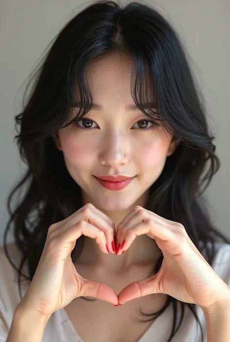  Black-haired woman , new,  showing her hand heart sign , 