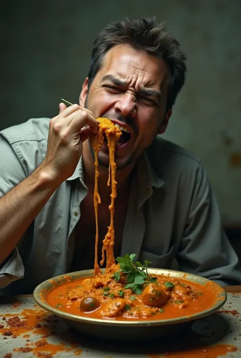 A man eating poop with chapati curry