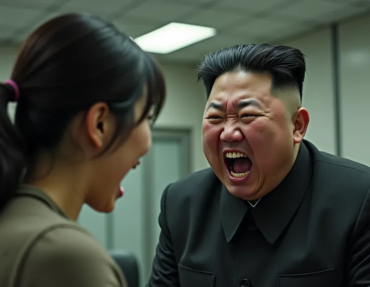 photorealistic of Kim jong un yelling at a korean woman