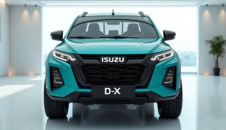 "An ultra-realistic image of the front end of a futuristic 2025 isuzu D -MaxThe SUV features a large, imposing, and aerodynamic design with a glossy, vibrant  careem  hue exterior. The front end has a wide, aggressive grille with intricate black accents an...