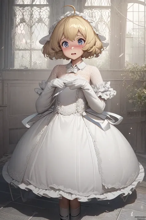 (anime:1.5),artstation,full body shot,juvenile{tall,lanky},1juvenile{Blonde,Short Hair, boyish,ahoge,wearing female clothing,Wedding Dresses,Wedding Veil,Frills,Frilled Skirt,Lace fabric,Long gloves,Big ribbon,Lots of ribbons,Exposing the direction,Lift th...