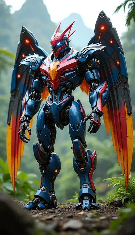 A humanoid combat robot styled as a mighty Philippine Eagle, standing tall with sharp talons and mechanical feathers. The robot is painted in vibrant blue, red, yellow, and white, reflecting the colors of the Philippine flag. It stands in the middle of a d...