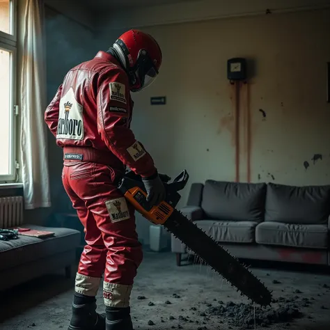  A grown guy in an apartment wearing a red and white Marlboro leather racing jacket with patches and Marlboro leather racing pants with patches, with a powerful, dirty in oil with a chainsaw in hand , , a lot of black oil flows from the chainsaw destroys t...