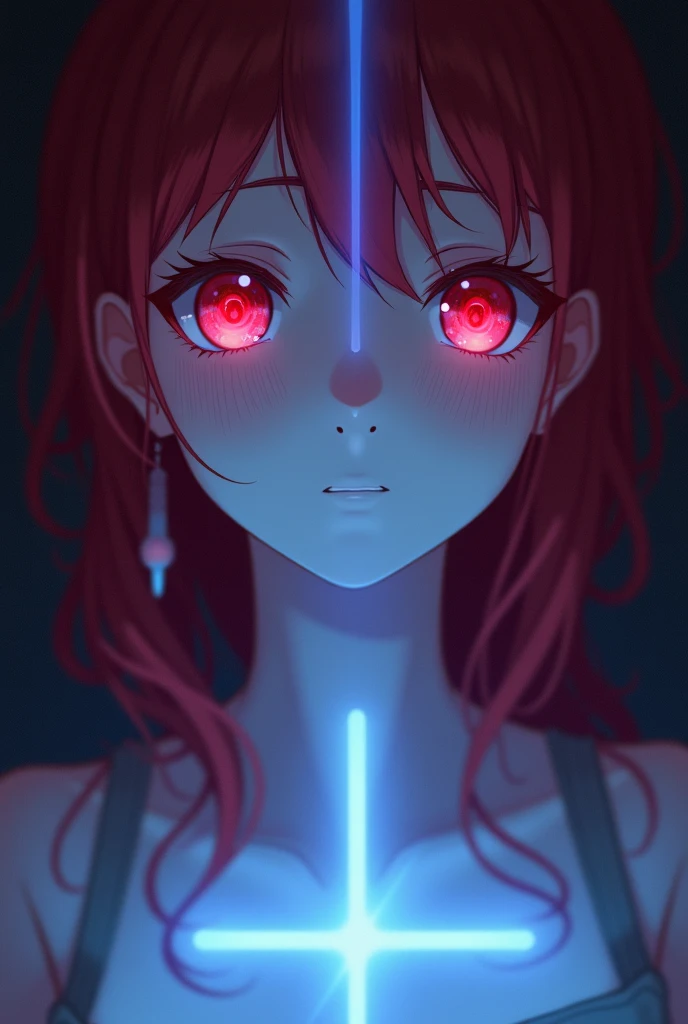  Anime girl where you can see her face and a little bit of her chest , with red hair and red eyes detailed ,  a faint light on her face shaped like a blue cross that passes through her red eye, The light should look too large to cover a large part of your ...