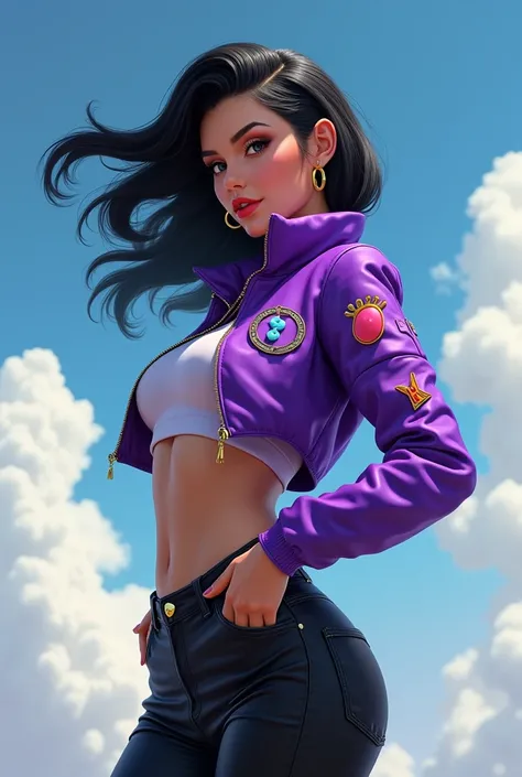  beautiful woman,  black hair ,  tupe-shaped hair ,  purple mini jacket with 3 pins on the arm ,  one pink gum ,  sky blue pin , y pin orange .  black jean pants and boots of the same color