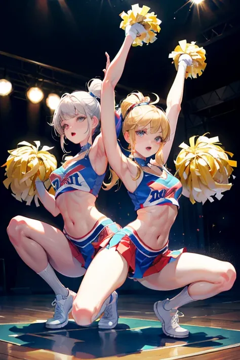  cheerleader, Dancing, squat, stepping, Sideshow,  raise their legs,  blond twin hair ,