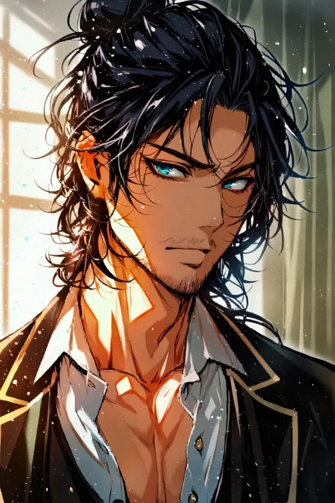 1gentlemen,  long hair, Man Bun,  Black Clover , Yami Sukehiro , suit,   upper body, vtuber, Fukumi ,  watching viewers, masterpiece,  best quality,  very aesthetic, No beard, naked eye, Late 20s,  Trim Up Side Fade