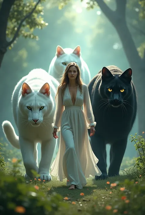  A woman walks with four giant cats, two are white and 2 are black 