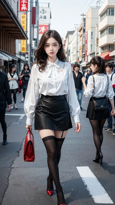  realistic painting and white and ink painting styles with perfect faces:3:5 、 {x} wearing a white blouse, tight black skirt, black stockings, and red high heels、（5 ） picture of a beautiful Spanish woman walking with ［ tourist attractions in Japan with a p...