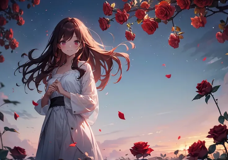 Roses and a Girl at Dawn
A girl stands in front of a red rose in the dim light before dawn. Her hair is medium brown with accents of blackcurrant , and she smiles quietly as rose petals dance in the wind. A misty garden spreads out behind her, and her figu...