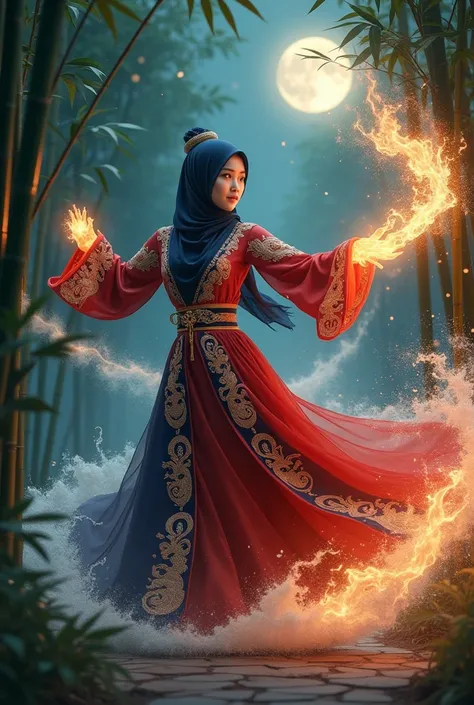  A beautiful young Korean woman wearing an elegant hijab combines with a luxurious and modern traditional Chinese princess bathtub outfit.  Her dress is dark red and blue with glittering dragon and phoenix embroidery,  is decorated with small gems and gold...