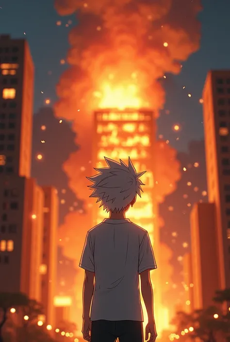 Anime  boy with white hair wearing white shirt sees a building on fire