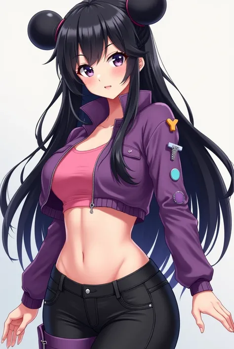  beautiful woman,  anime style black hair ,  tupe-shaped hair ,  purple mini jacket with 3 pins on the arm ,  one pink gum ,  sky blue pin , y pin orange ,  all together .  black jean pants and boots of the same color,  mini t-shirt color bubble gum, big b...