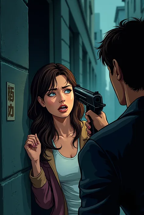 women with someone who is pointing a gun pointed in her head cartoon graphic 