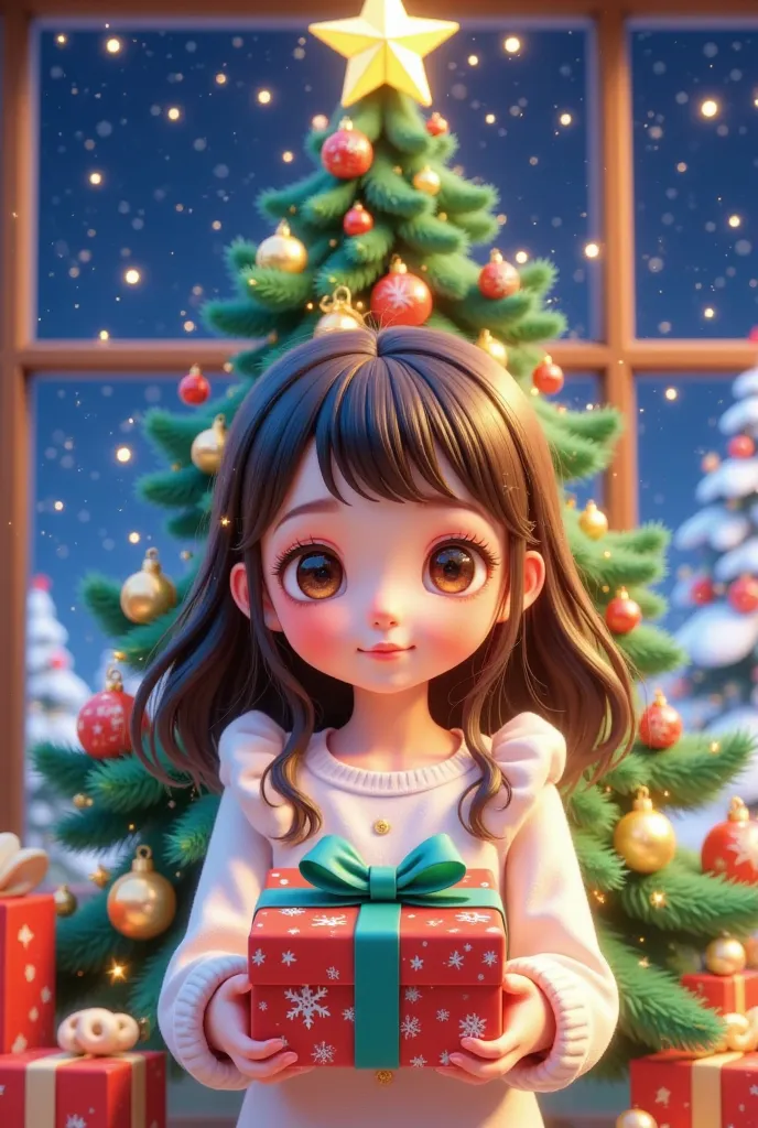 A girl is holding a present in front of a Christmas tree, Adorable realistic portrait , Realistic anime 3D style ,  trending on cgstation , 3D animation realistic,  rendering a cute 3D anime girl with long hair and blue eyes,   Realistic Cute Girl Painting...