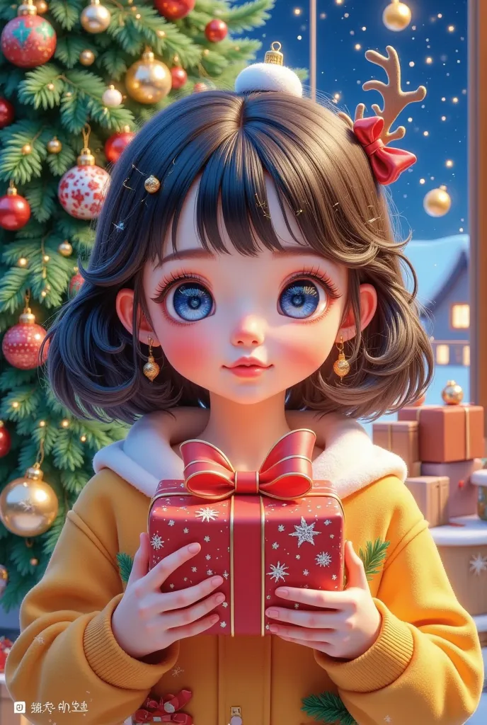 A girl is holding a present in front of a Christmas tree, An ultra-realistic painting inspired by Cheng Yanjun,  is popular in the CG community,  realism, Adorable realistic portrait , Realistic anime 3D style ,  trending on cgstation , 3D animation realis...