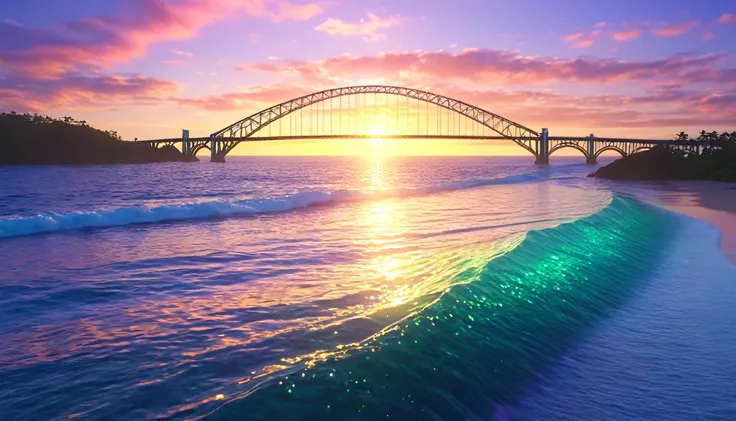 Rainbow Bridge,  beautiful ocean, sunset, Reflected Light,  Dreamy Scenery ,  gentle waves, Glittering Bridges ,  Romantic Vibes